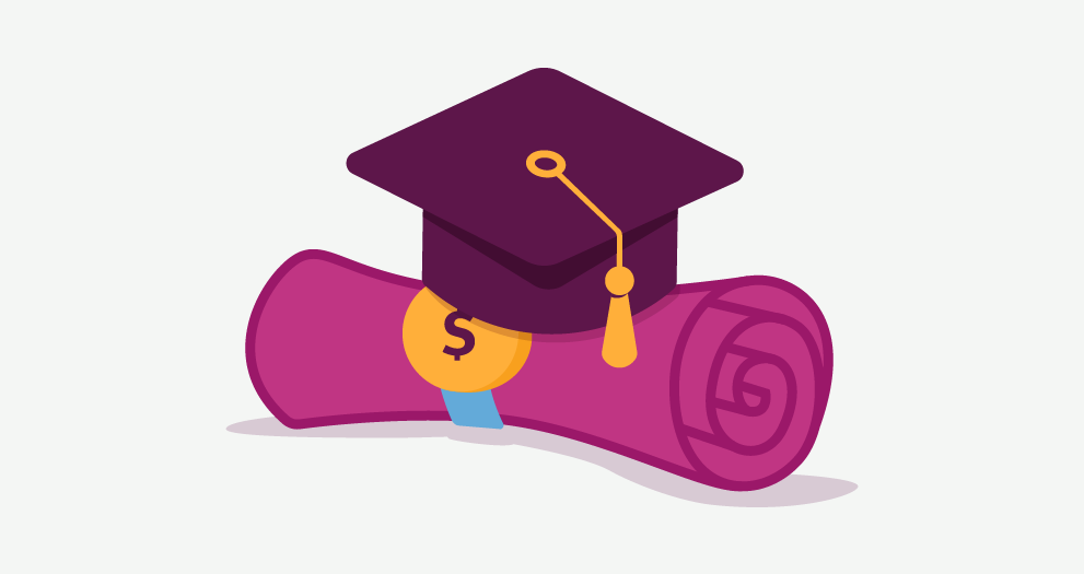 Illustration of diploma rolled up with a purple grad cap on top 