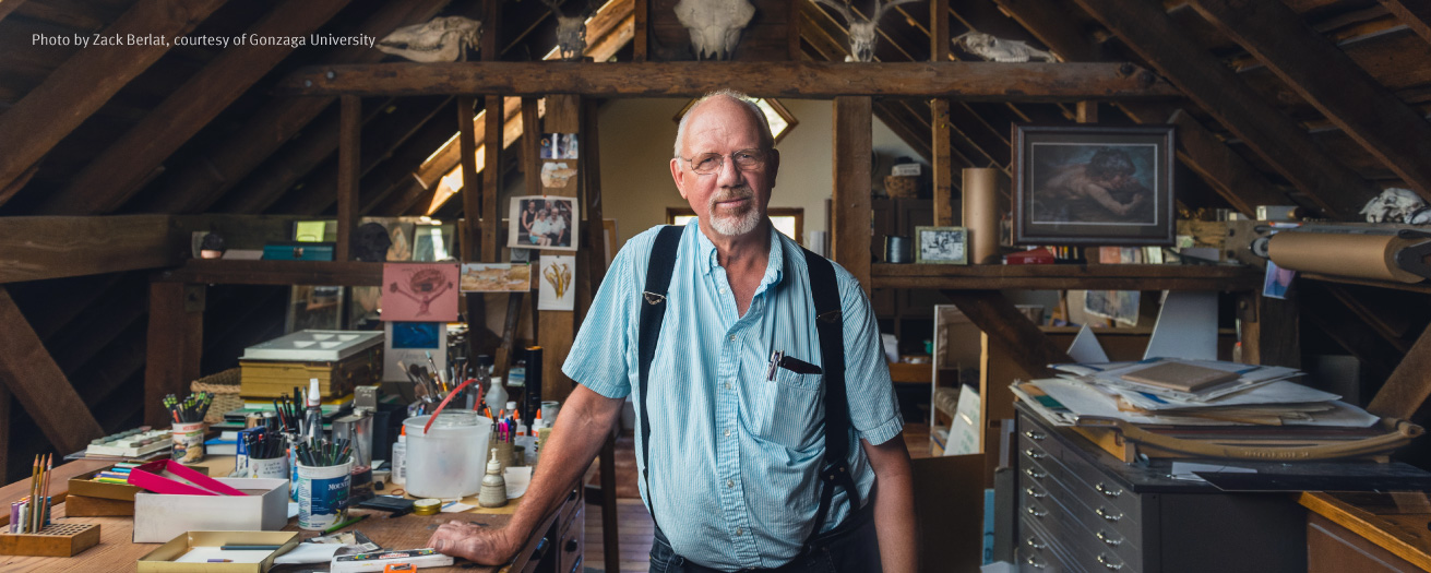 Photo of Ken Spiering in his workshop. Photo by Zack Berlat, courtesy of Gonzaga University.