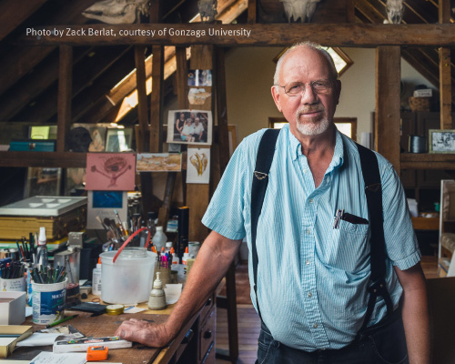 Photo of Ken Spiering in his workshop. Photo by Zack Berlat, courtesy of Gonzaga University.