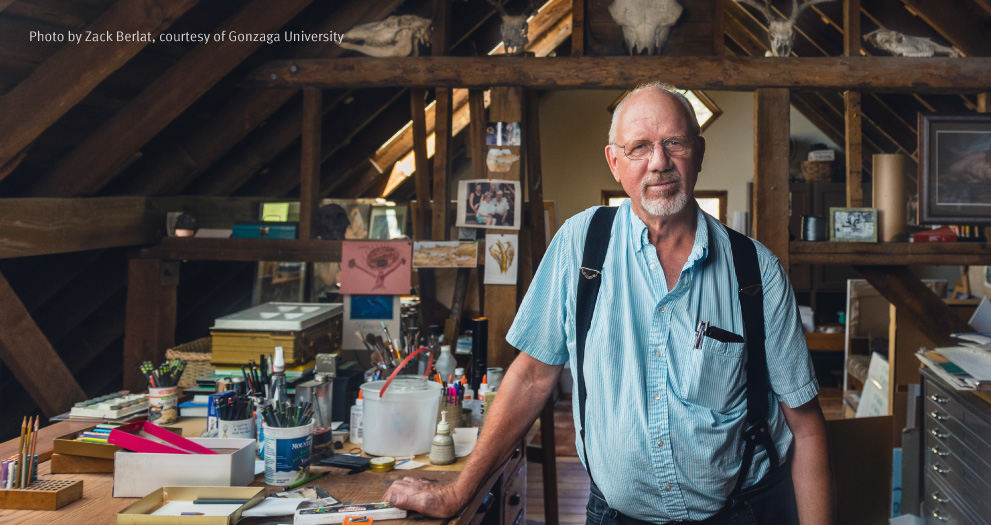 Photo of Ken Spiering in his workshop. Photo by Zack Berlat, courtesy of Gonzaga University.