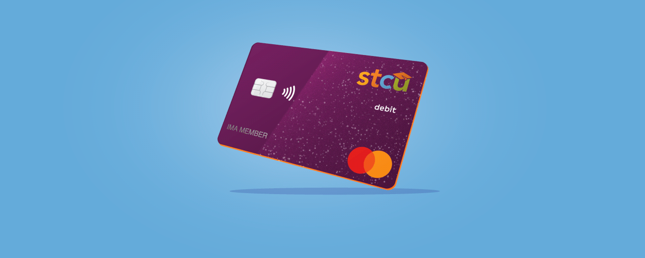 Photo illustration of a purple STCU debit card