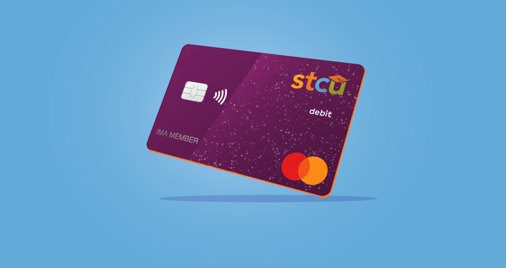 Photo illustration of a purple STCU debit card