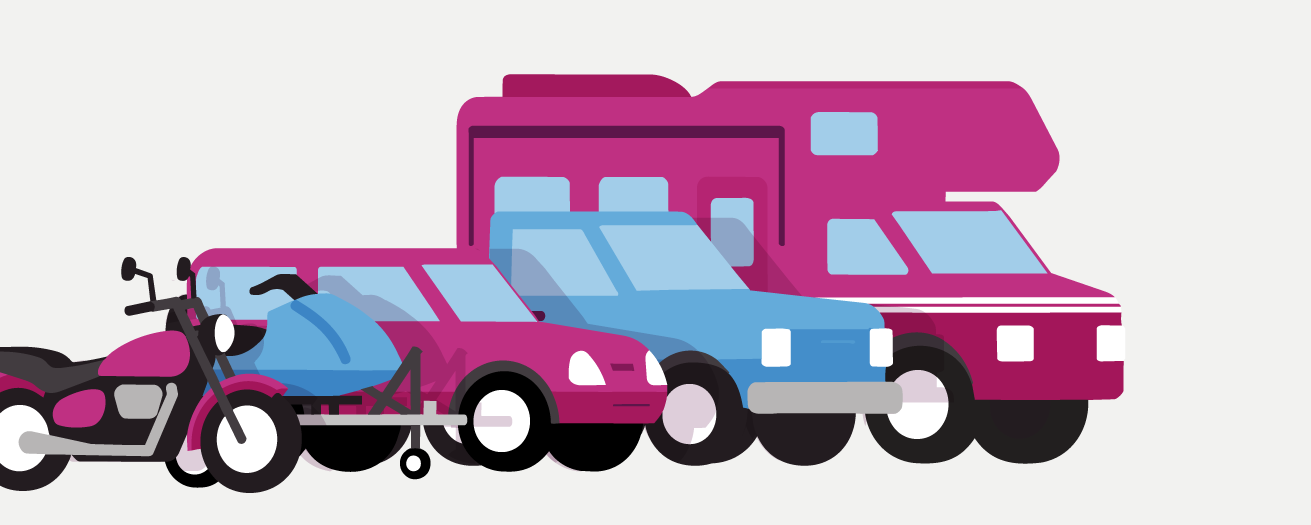 Illustration of a camper, a car, and an ATV