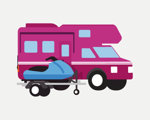 Illustration of a camper, a car, and an ATV