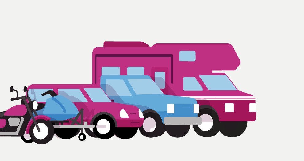 Illustration of a camper, a car, and an ATV