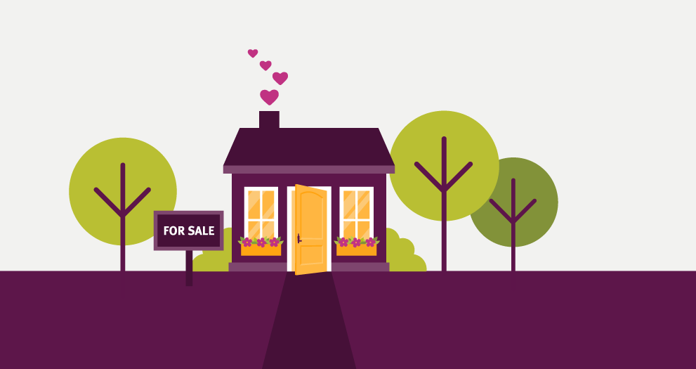 Illustration of a house with trees next to it and a for sale sign out front