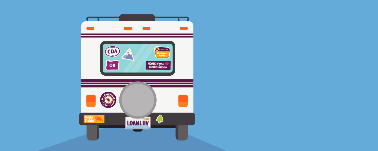 An illustration of the back of an RV with bumper stickers