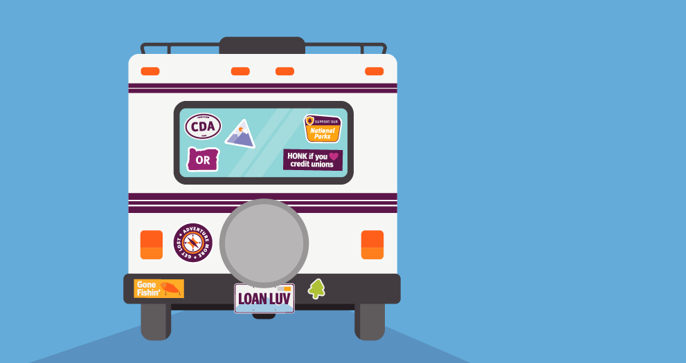 An illustration of the back of an RV with bumper stickers