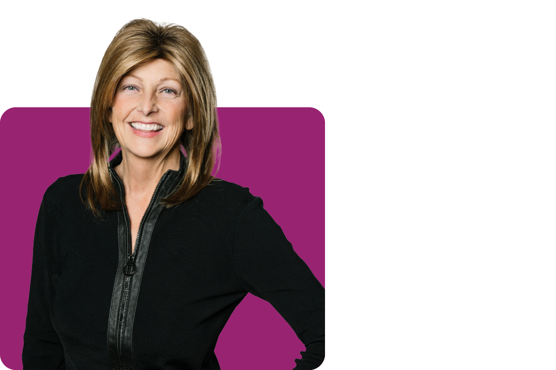 an illustration of two heads and shoulders in purple on a light grey background