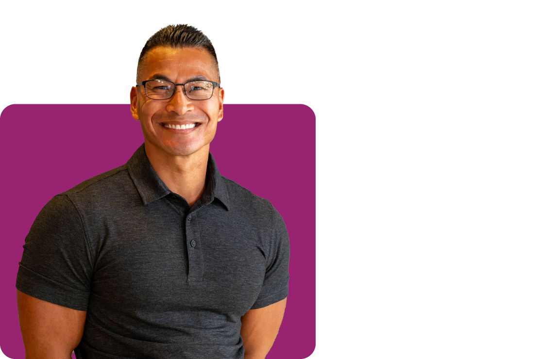 A photo of Andy Cooper outside on a purple background