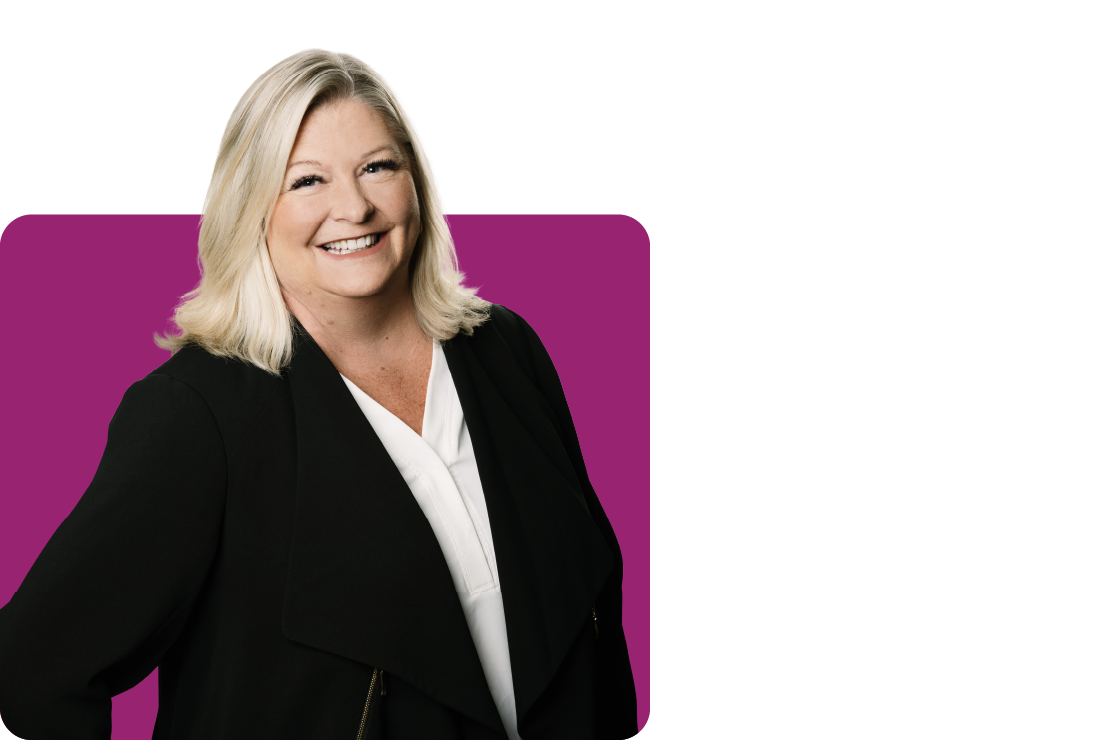 Senior Home Loan Officer Jackie Pethers on a purple background