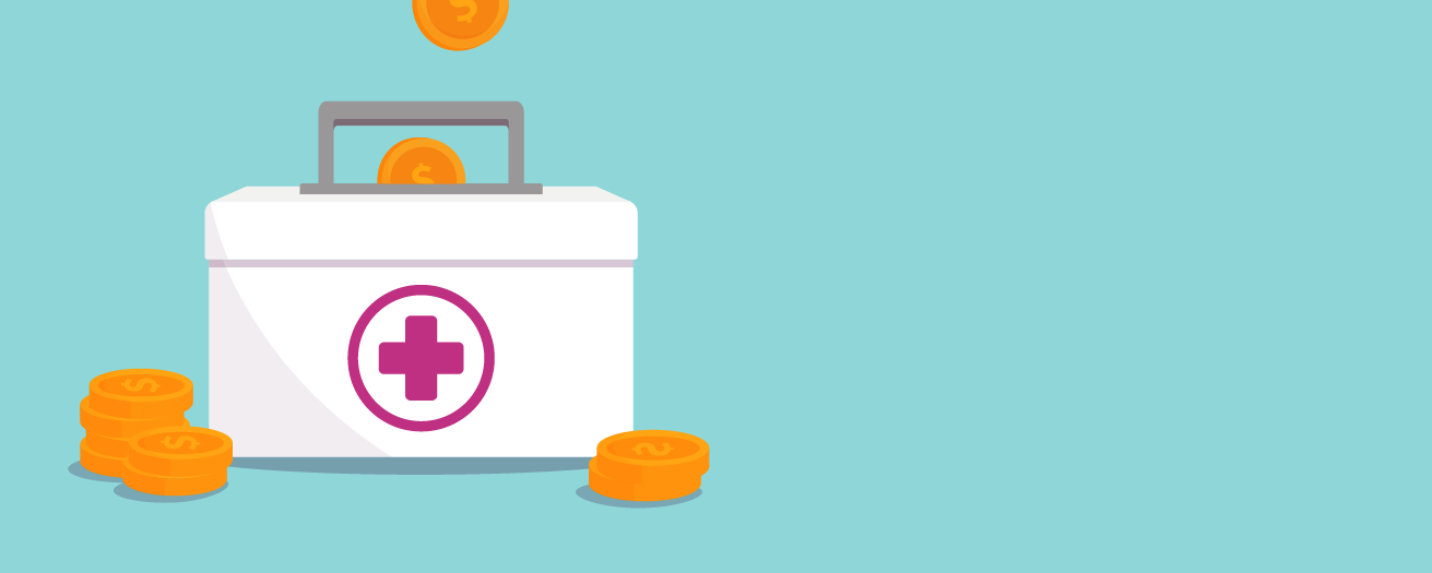 Illustration of a medical kit with coins going into it and next to it