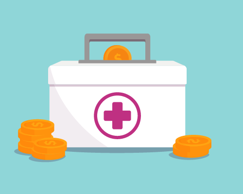 Illustration of a medical kit with coins going into it and next to it