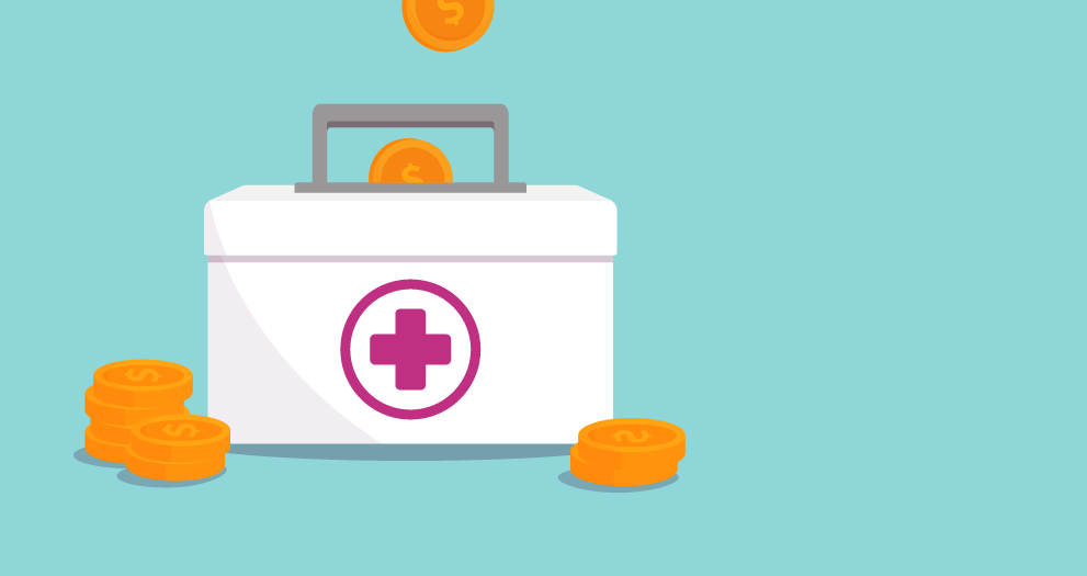 Illustration of a medical kit with coins going into it and next to it