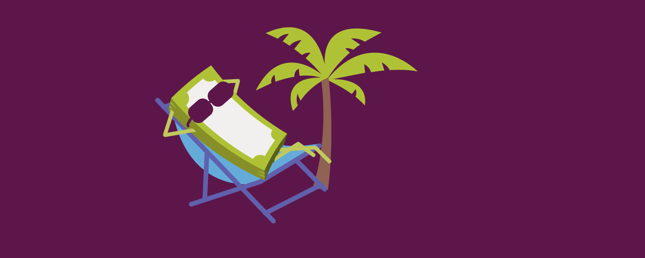 Illustration of a stack of dollar bills relaxing in a chair next to a palm tree