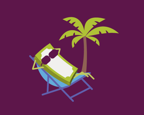 Illustration of a stack of dollar bills relaxing in a chair next to a palm tree