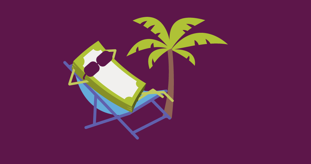 Illustration of a stack of dollar bills relaxing in a chair next to a palm tree