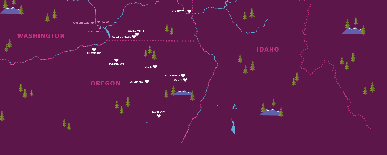 Illustrated map of WA, OR, and ID with STCU branch locations