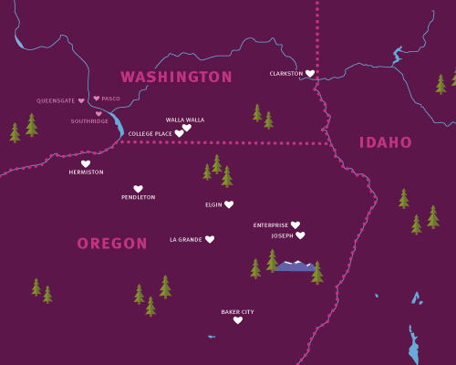 Illustrated map of WA, OR, and ID with STCU branch locations