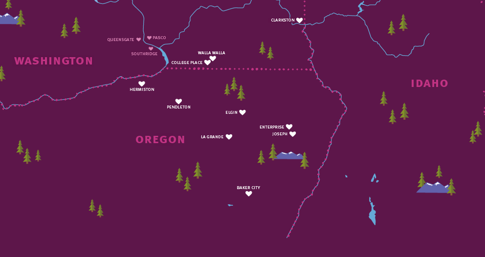 Illustrated map of WA, OR, and ID with STCU branch locations